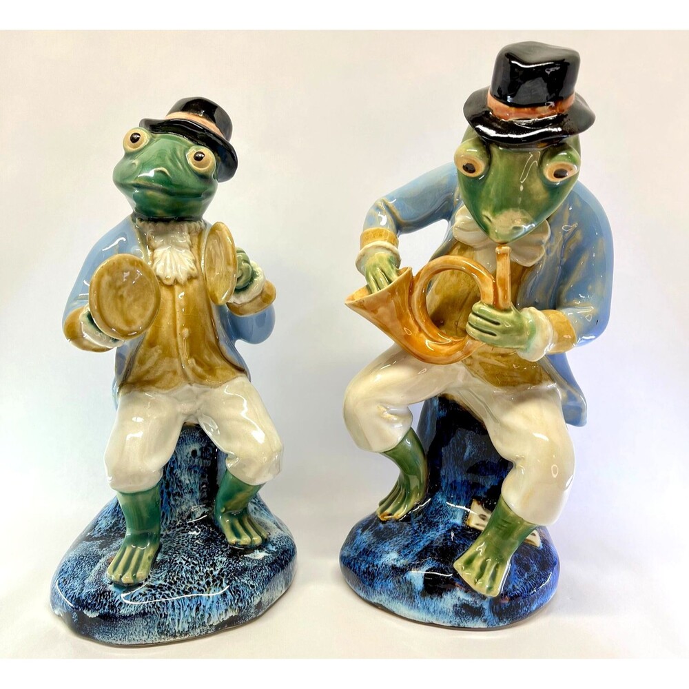 Vintage Majolica Style Frog Band Figurines Pair-Symbol-French Horn-Heavy Ceramic